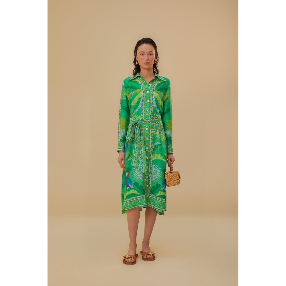 Farm Rio Macaw Scarf Chemise Tropical Parrot Green Midi Shirt Dress Belted S - Picture 5 of 14